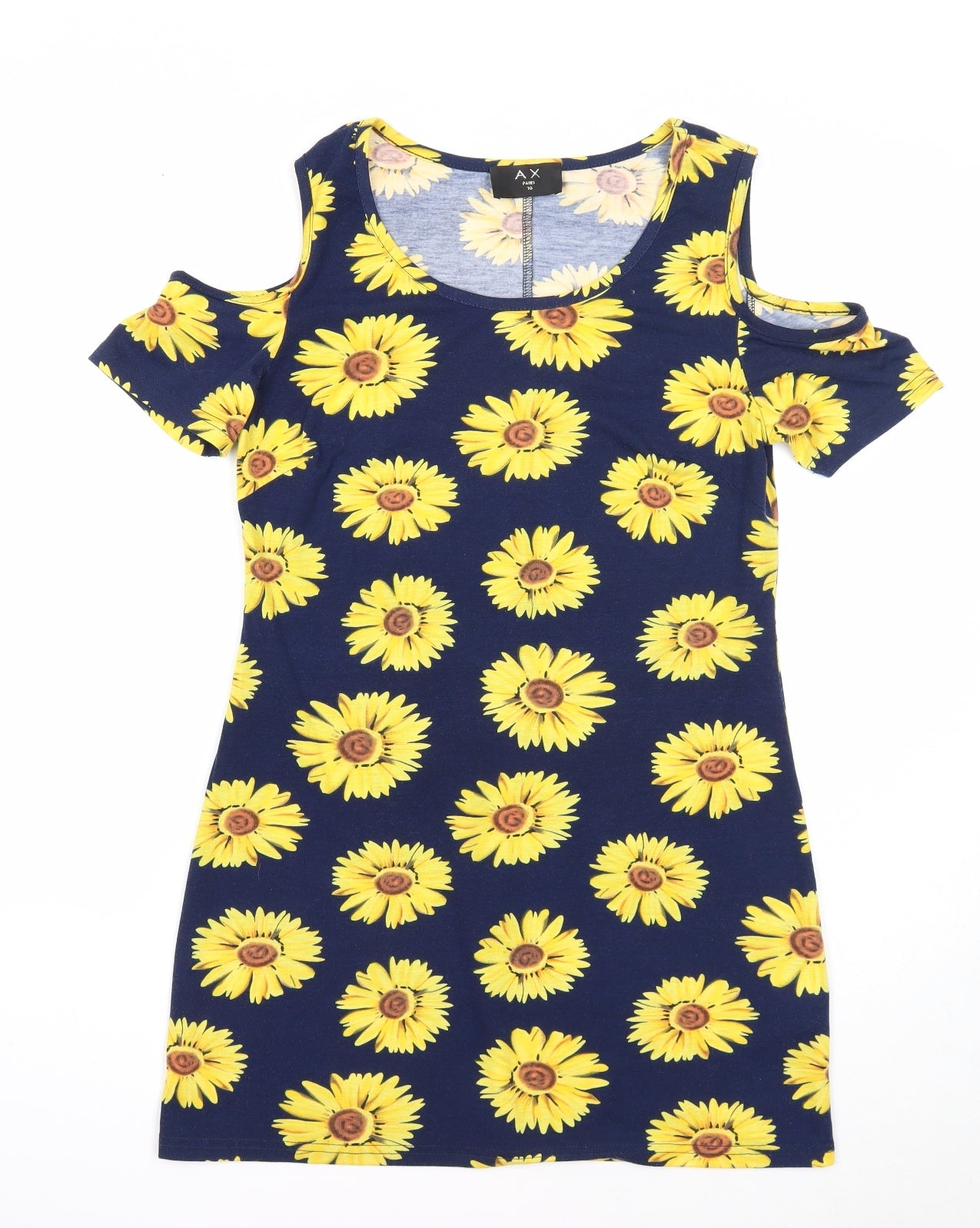 AX Paris Womens Blue Floral Polyester Mini Size 10 Round Neck Pullover - Cold Shoulder