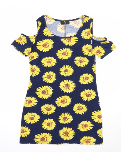 AX Paris Womens Blue Floral Polyester Mini Size 10 Round Neck Pullover - Cold Shoulder