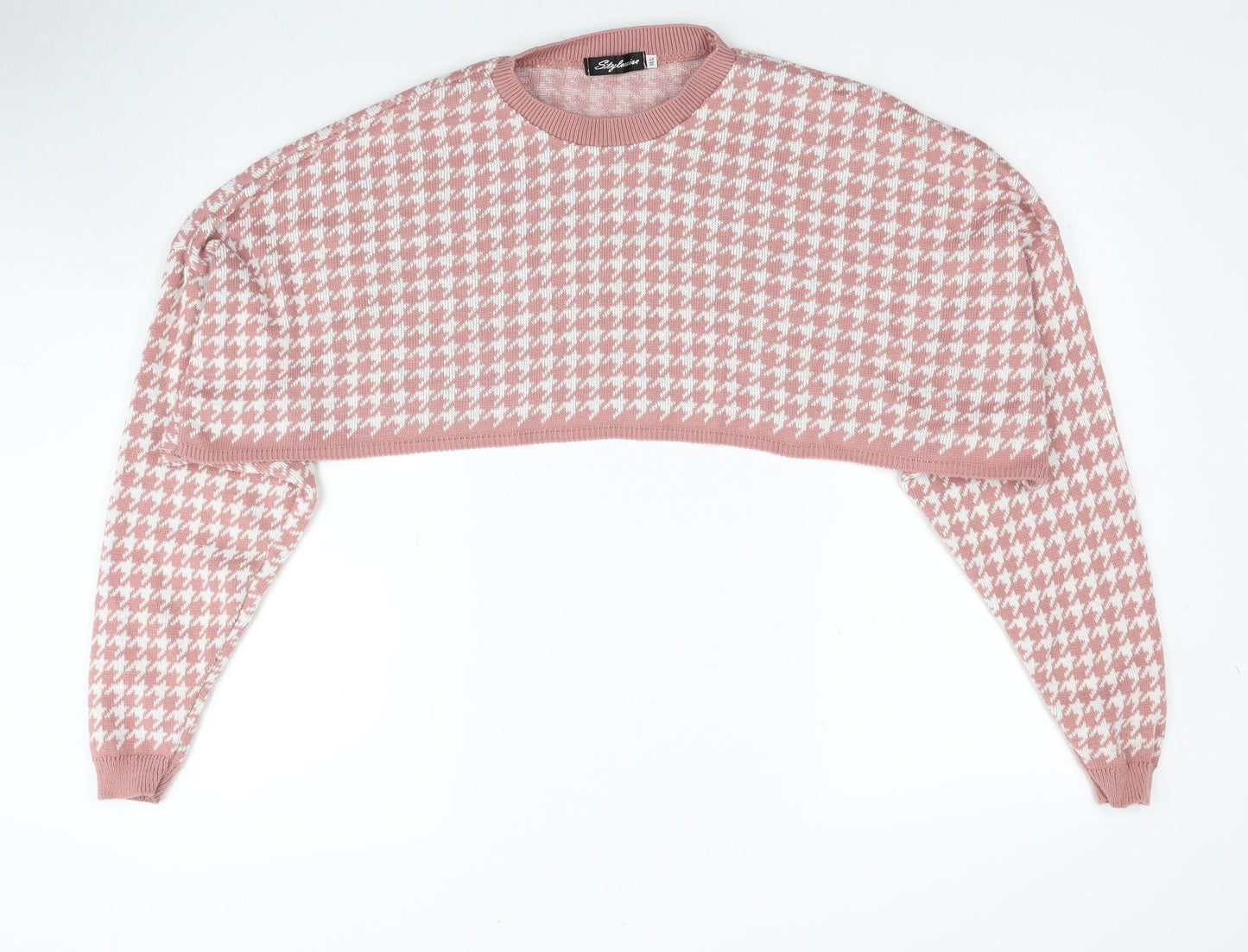 Stylewise Womens Pink Round Neck Herringbone Acrylic Pullover Jumper Size M - Cropped, Size M/L