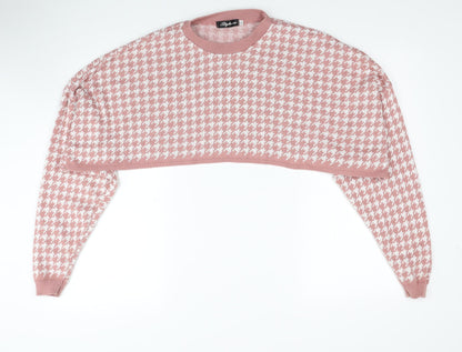 Stylewise Womens Pink Round Neck Herringbone Acrylic Pullover Jumper Size M - Cropped, Size M/L