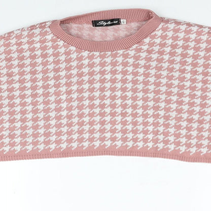 Stylewise Womens Pink Round Neck Herringbone Acrylic Pullover Jumper Size M - Cropped, Size M/L