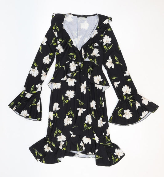 Missguided Womens Black Floral Polyester Trapeze & Swing Size 10 V-Neck Pullover