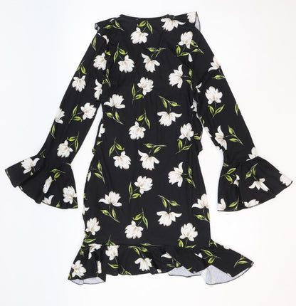 Missguided Womens Black Floral Polyester Trapeze & Swing Size 10 V-Neck Pullover