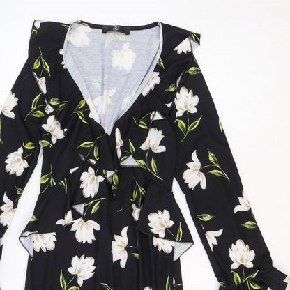 Missguided Womens Black Floral Polyester Trapeze & Swing Size 10 V-Neck Pullover