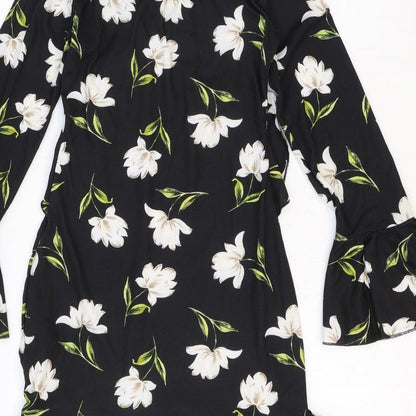 Missguided Womens Black Floral Polyester Trapeze & Swing Size 10 V-Neck Pullover