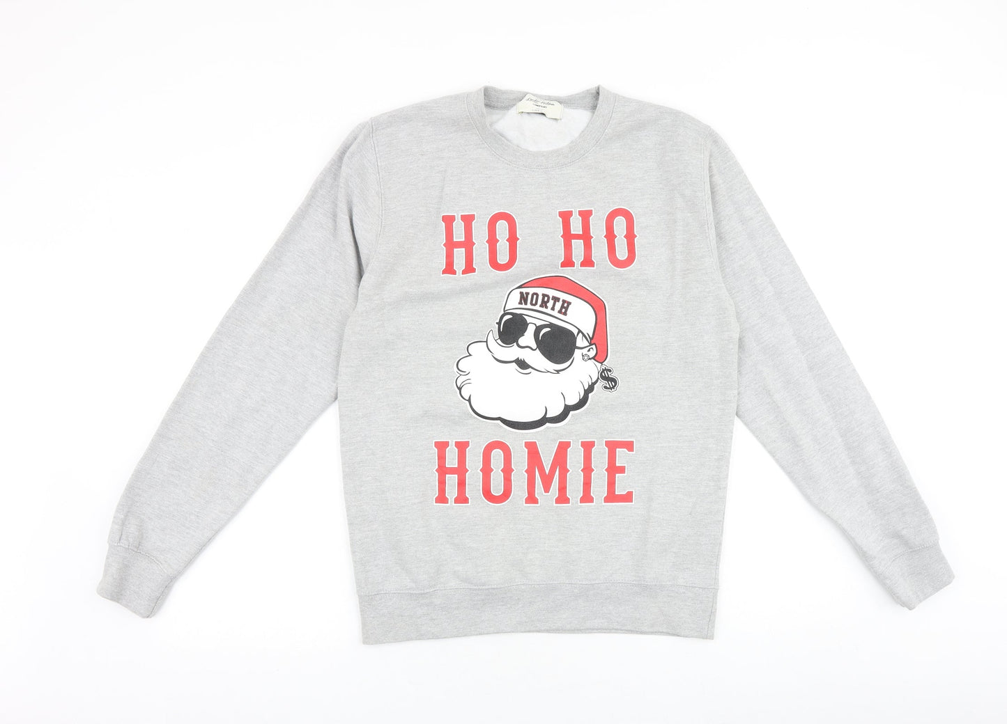 London Knitwear Mens Grey Cotton Pullover Sweatshirt Size S - Ho Ho Homie, Santa