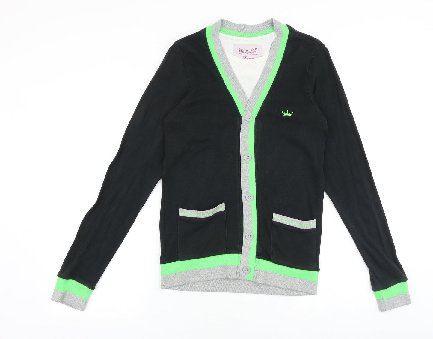 Blue Inc Mens Black Round Neck Cotton Cardigan Jumper Size XS Long Sleeve