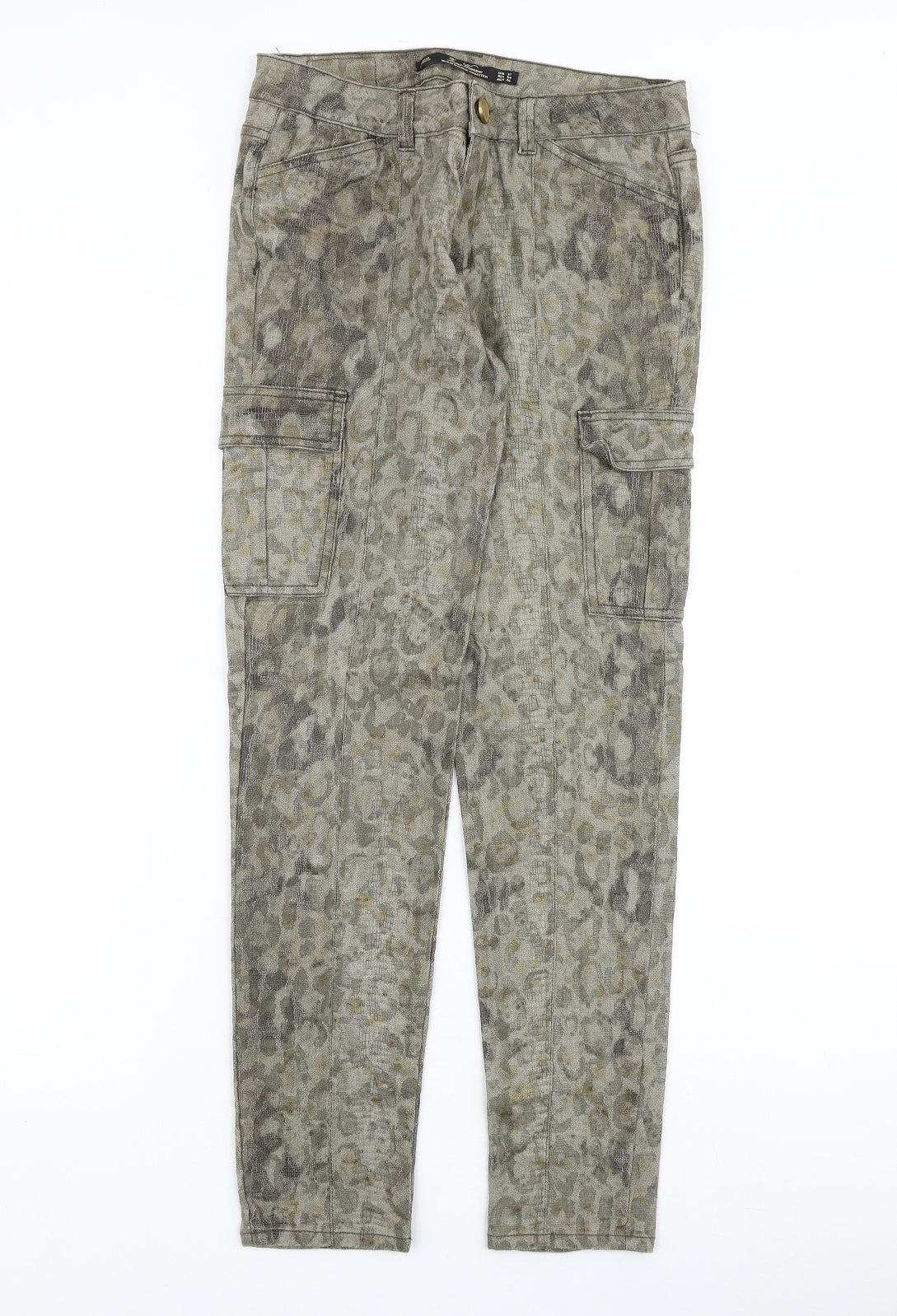Zara Womens Green Animal Print Cotton Straight Jeans Size 8 Slim Zip - Snakeskin Pattern