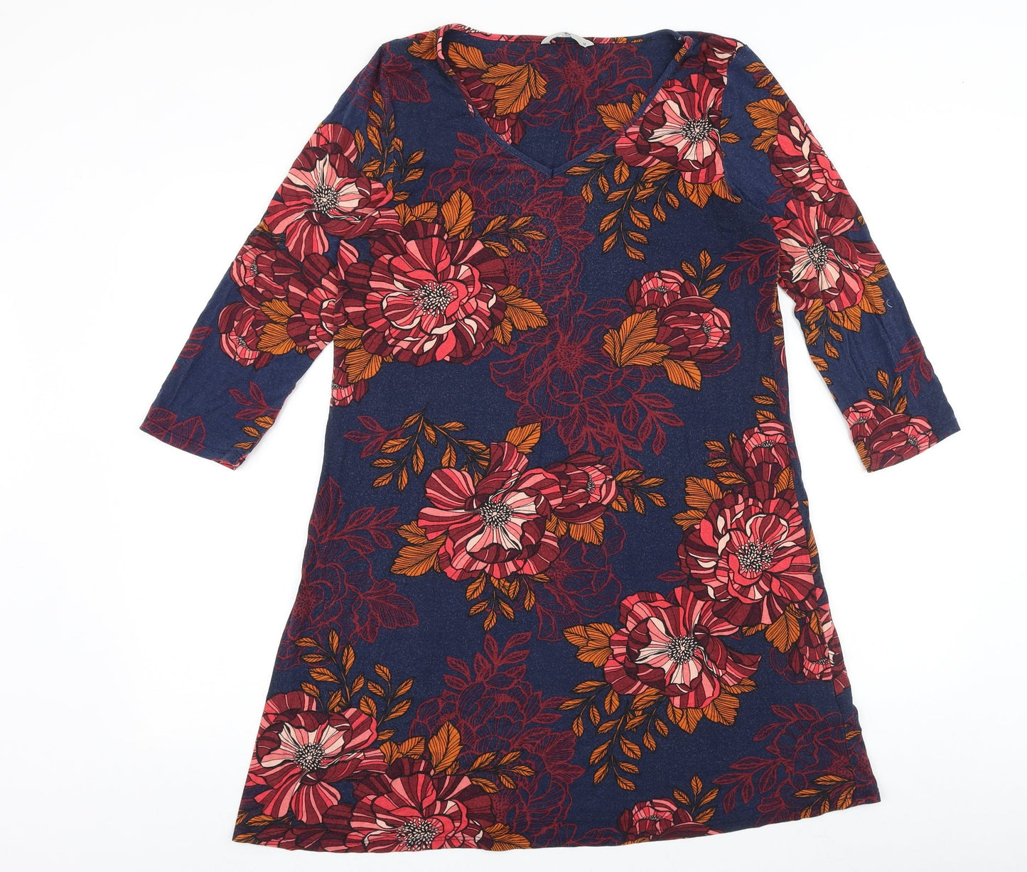 TU Womens Blue Floral Viscose A-Line Size 12 V-Neck Pullover