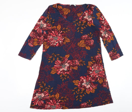 TU Womens Blue Floral Viscose A-Line Size 12 V-Neck Pullover