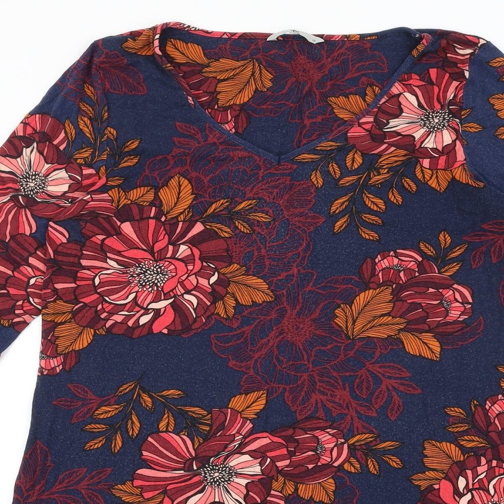 TU Womens Blue Floral Viscose A-Line Size 12 V-Neck Pullover