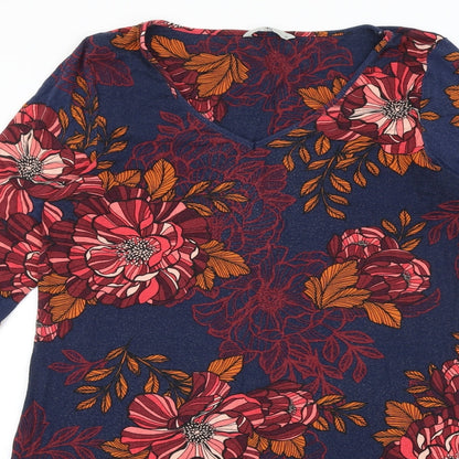 TU Womens Blue Floral Viscose A-Line Size 12 V-Neck Pullover