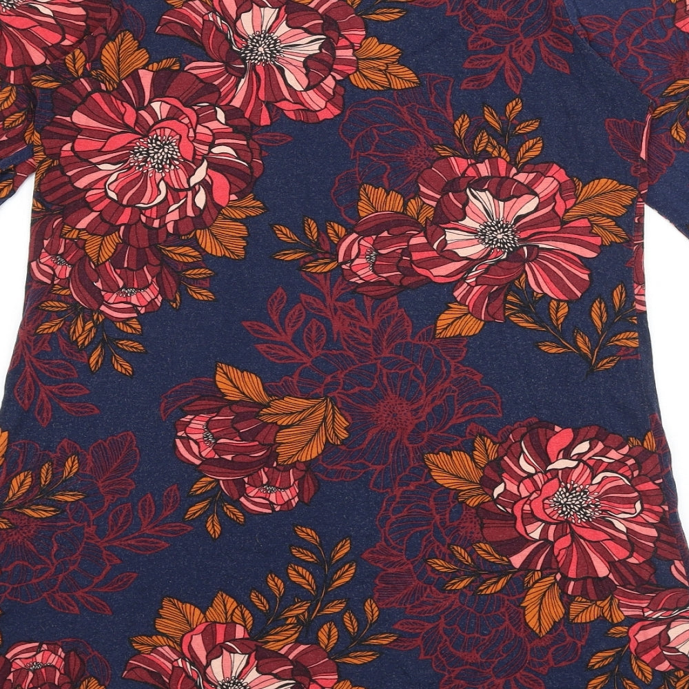 TU Womens Blue Floral Viscose A-Line Size 12 V-Neck Pullover