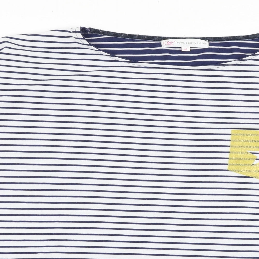 wysteria lane Womens Blue Striped 100% Cotton Basic T-Shirt Size M Round Neck
