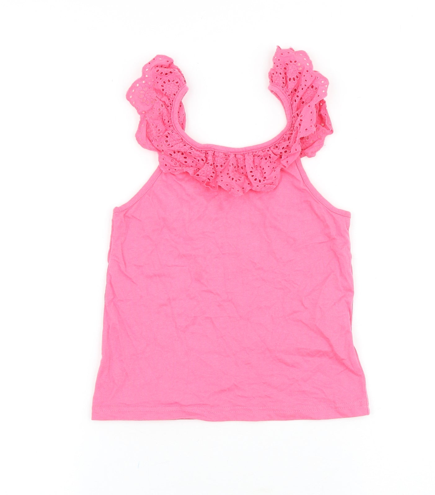 Primark Girls Pink 100% Cotton Basic Tank Size 6-7 Years Scoop Neck Pullover - Broderie Anglaise Trim