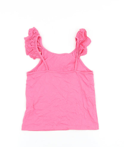 Primark Girls Pink 100% Cotton Basic Tank Size 6-7 Years Scoop Neck Pullover - Broderie Anglaise Trim