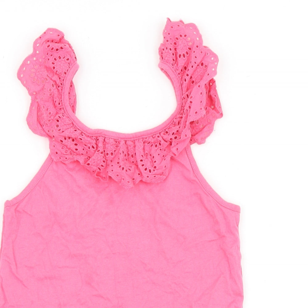 Primark Girls Pink 100% Cotton Basic Tank Size 6-7 Years Scoop Neck Pullover - Broderie Anglaise Trim