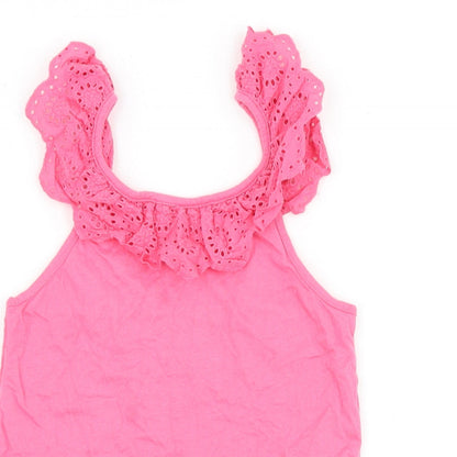 Primark Girls Pink 100% Cotton Basic Tank Size 6-7 Years Scoop Neck Pullover - Broderie Anglaise Trim