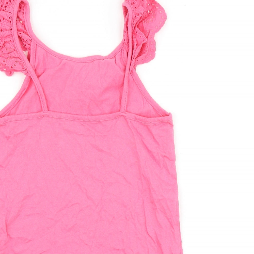 Primark Girls Pink 100% Cotton Basic Tank Size 6-7 Years Scoop Neck Pullover - Broderie Anglaise Trim