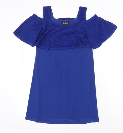 Grace Womens Blue Polyester A-Line Size 8 Round Neck Pullover - Cold Shoulder