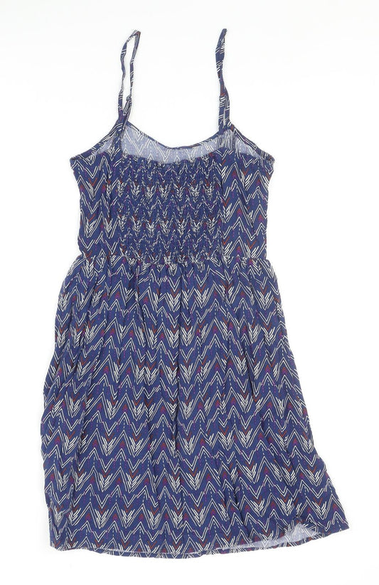 H&M Womens Blue Geometric Viscose Slip Dress Size 8 Scoop Neck Pullover