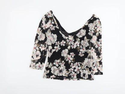 Pins & Needles Womens Black Floral Polyester Cropped Blouse Size S Scoop Neck