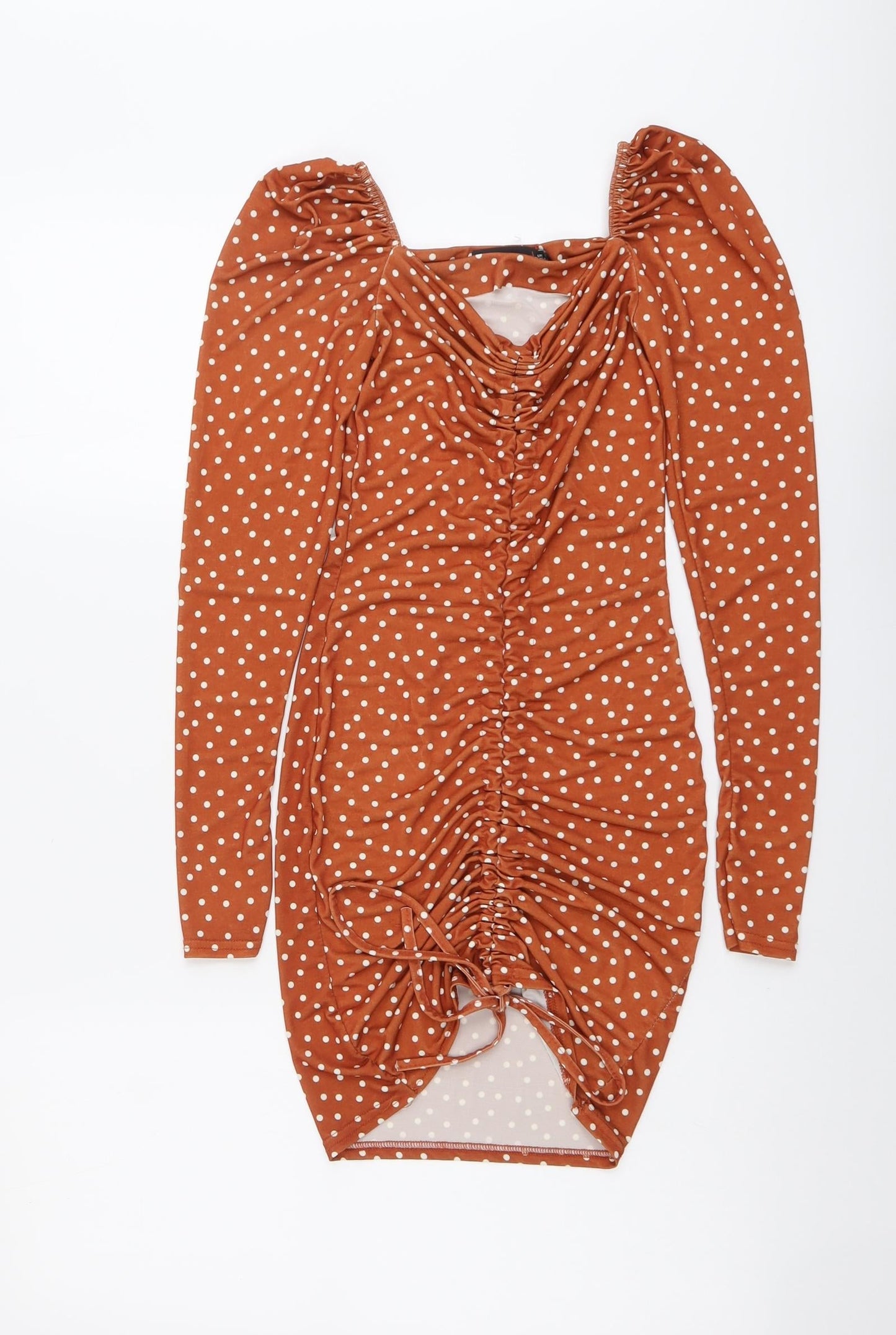 PRETTYLITTLETHING Womens Brown Polka Dot Polyester Bodycon Size 6 V-Neck Pullover