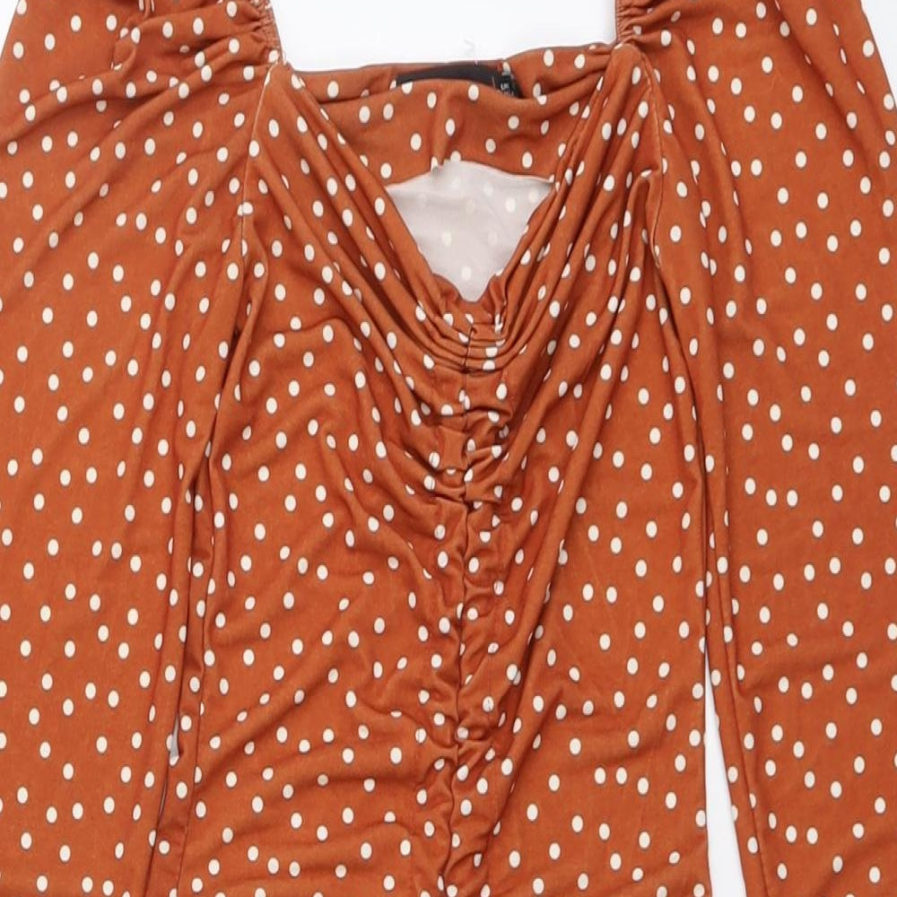 PRETTYLITTLETHING Womens Brown Polka Dot Polyester Bodycon Size 6 V-Neck Pullover