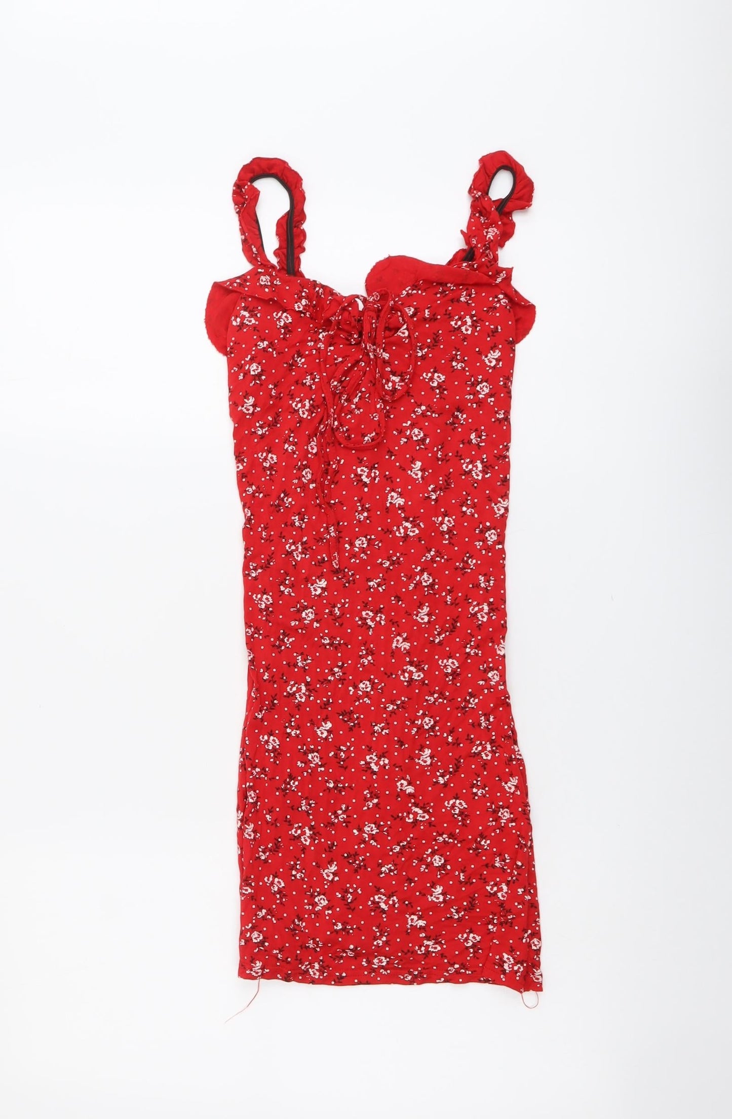 PRETTYLITTLETHING Womens Red Floral Viscose Bodycon Size 8 V-Neck Pullover