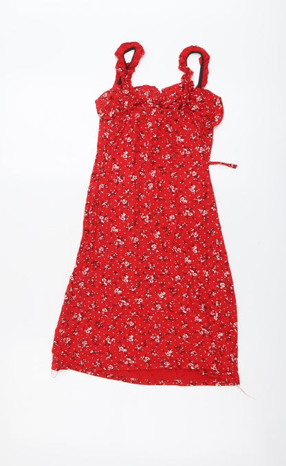 PRETTYLITTLETHING Womens Red Floral Viscose Bodycon Size 8 V-Neck Pullover