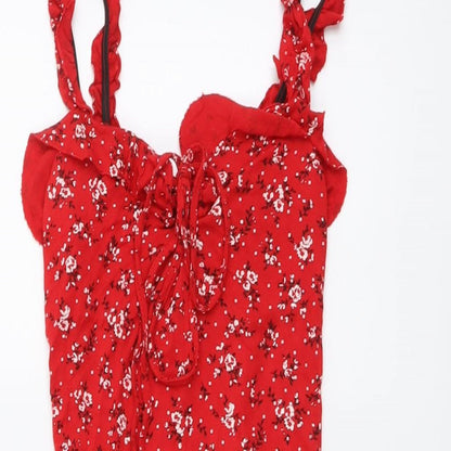 PRETTYLITTLETHING Womens Red Floral Viscose Bodycon Size 8 V-Neck Pullover