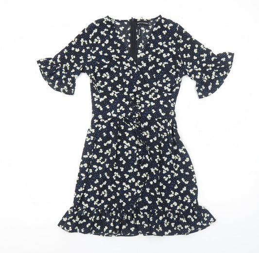 PRETTYLITTLETHING Womens Black Floral Polyester Fit & Flare Size 8 V-Neck Zip