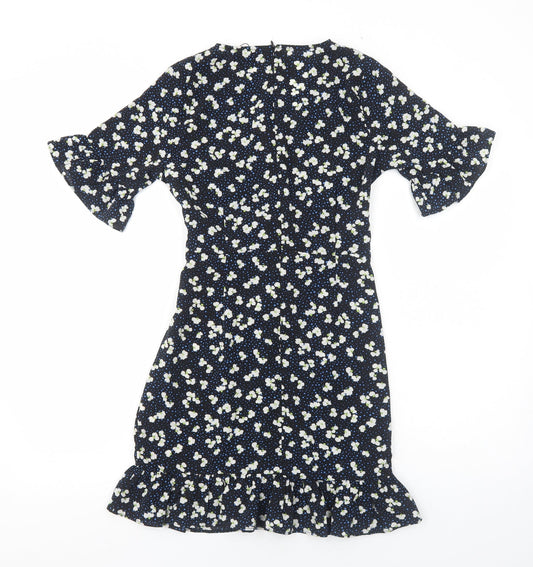 PRETTYLITTLETHING Womens Black Floral Polyester Fit & Flare Size 8 V-Neck Zip