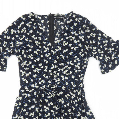 PRETTYLITTLETHING Womens Black Floral Polyester Fit & Flare Size 8 V-Neck Zip