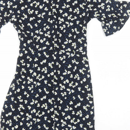 PRETTYLITTLETHING Womens Black Floral Polyester Fit & Flare Size 8 V-Neck Zip