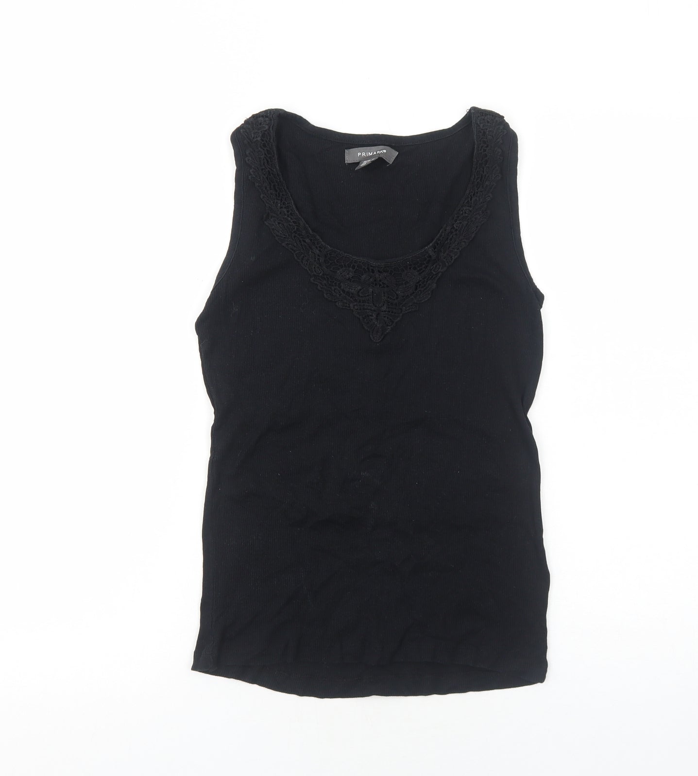 Primark Womens Black Cotton Basic Tank Size 10 Round Neck - Lace Detail