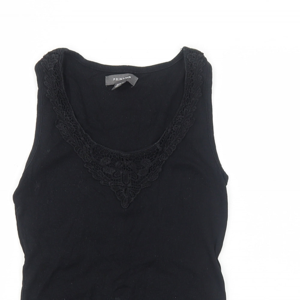 Primark Womens Black Cotton Basic Tank Size 10 Round Neck - Lace Detail