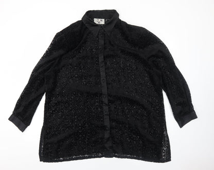 Vision Womens Black Geometric Polyester Basic Button-Up Size XL Collared