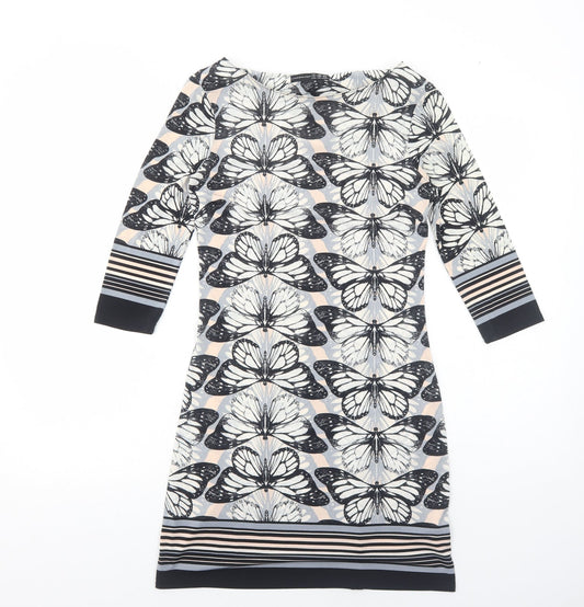 Atmosphere Womens Grey Geometric Polyester A-Line Size 8 Boat Neck Pullover - Butterfly Pattern