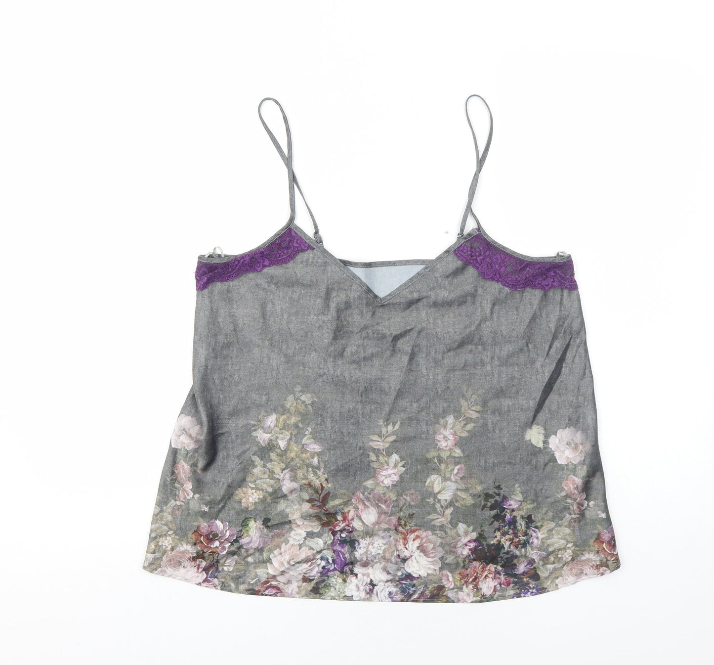 George Womens Grey Floral Polyester Basic Tank Size 12 V-Neck - Lace Detail