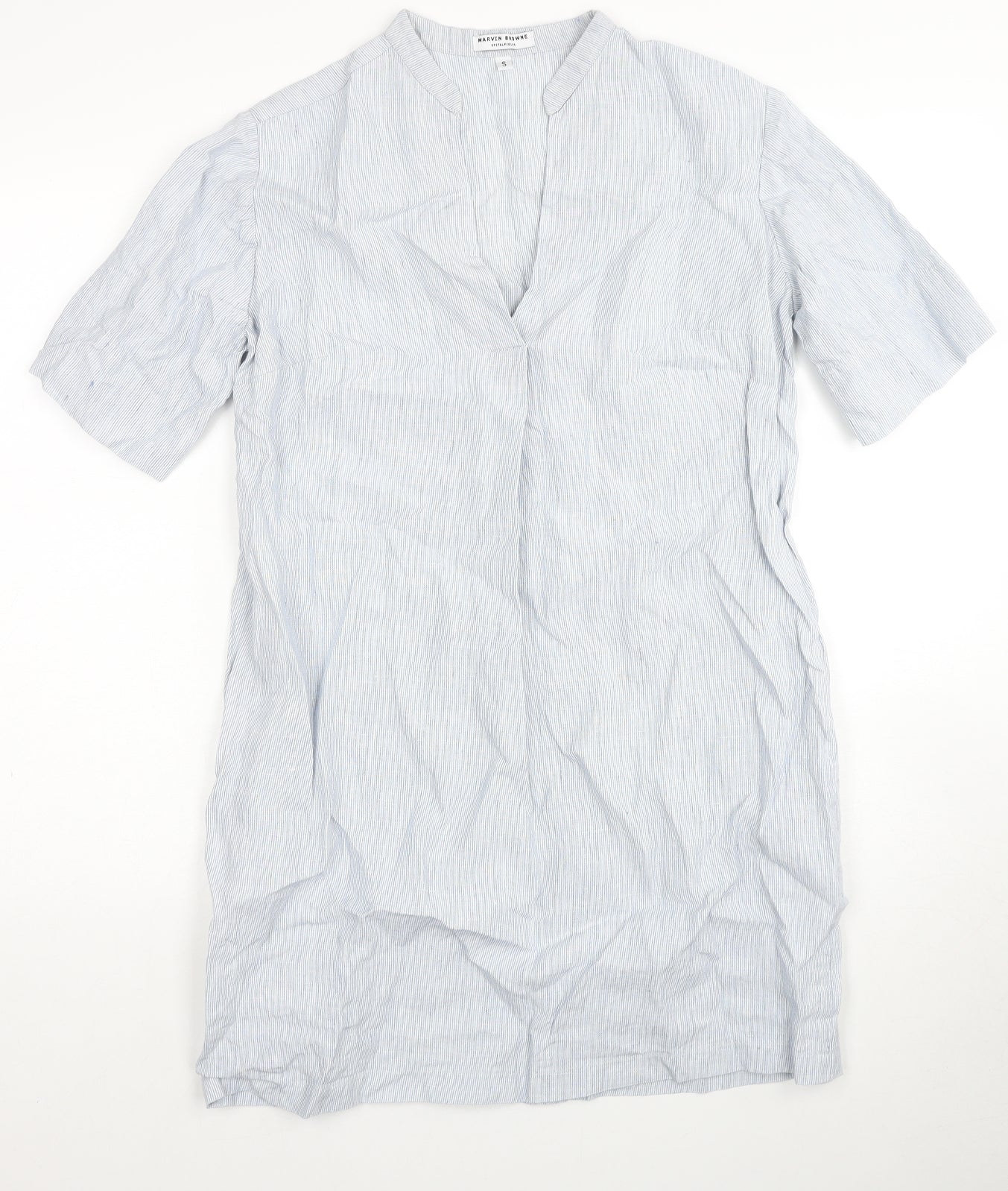 Marvin Browne Womens Blue Striped Linen A-Line Size S V-Neck Pullover