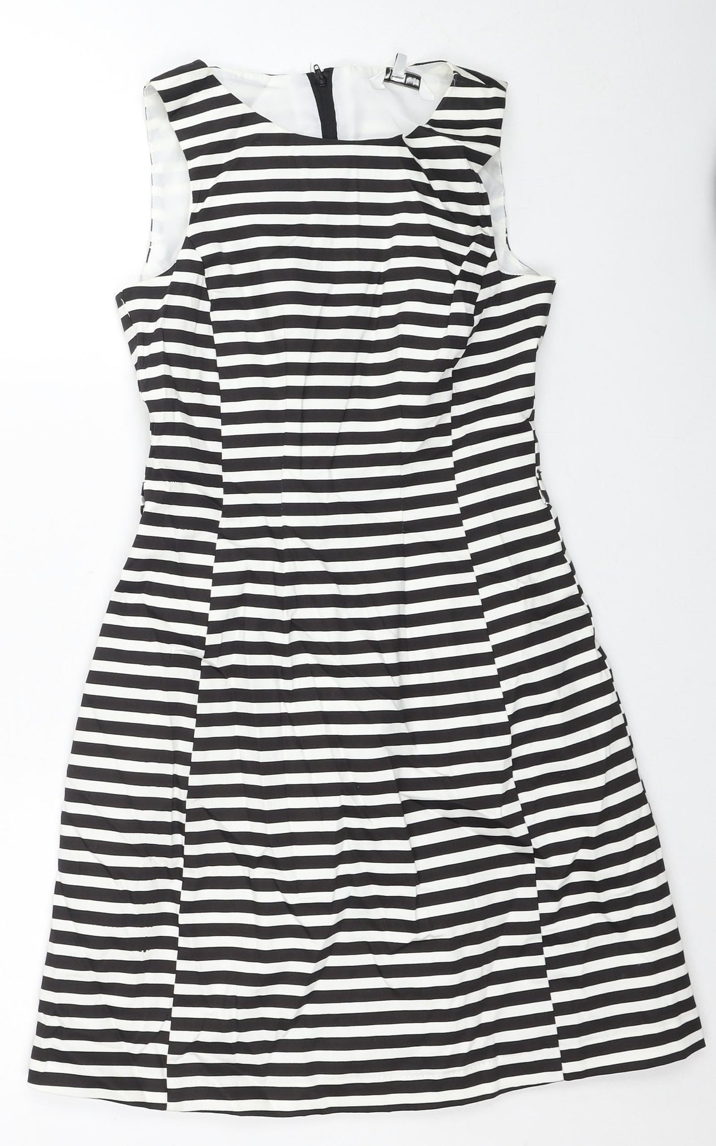 New Look Womens Black Striped Cotton Trapeze & Swing Size 8 Round Neck Zip