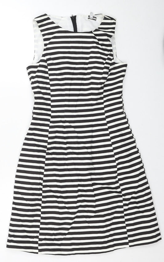 New Look Womens Black Striped Cotton Trapeze & Swing Size 8 Round Neck Zip