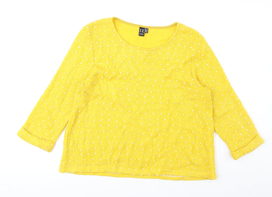 Izabel Womens Yellow Round Neck Geometric Acrylic Pullover Jumper Size 14