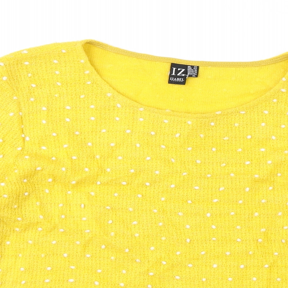Izabel Womens Yellow Round Neck Geometric Acrylic Pullover Jumper Size 14