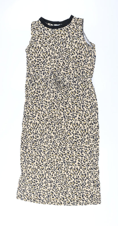 Warehouse Womens Brown Animal Print Polyester A-Line Size 10 Round Neck Drawstring - Leopard Pattern