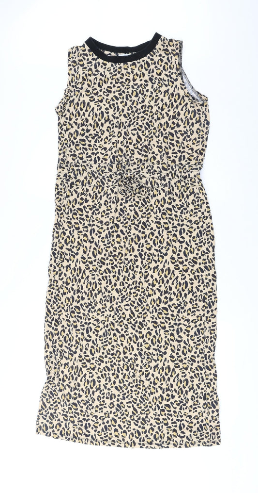 Warehouse Womens Brown Animal Print Polyester A-Line Size 10 Round Neck Drawstring - Leopard Pattern