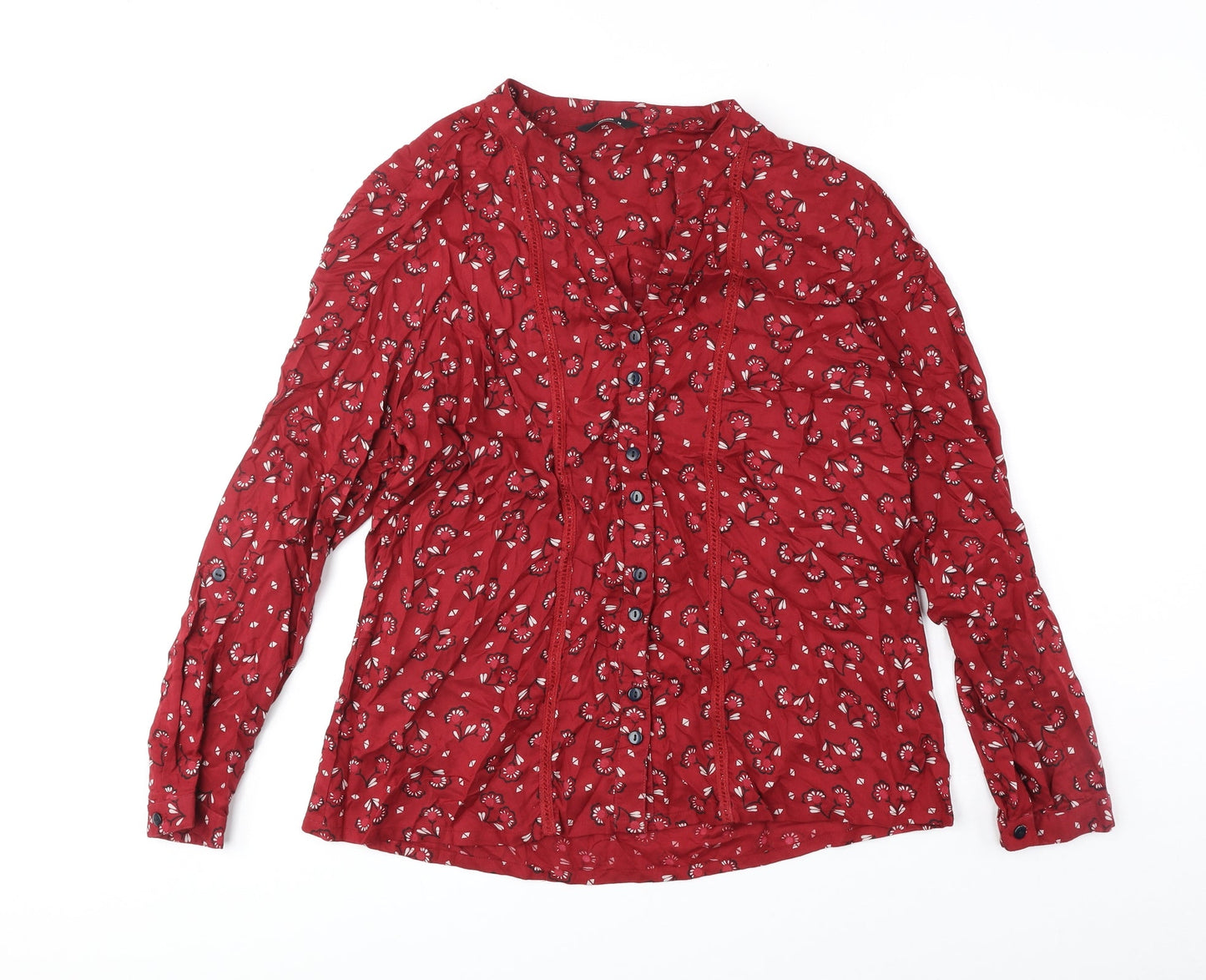 M&Co Womens Red Geometric Polyester Basic Button-Up Size 14 V-Neck