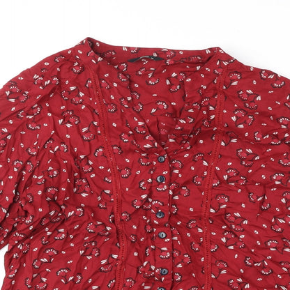 M&Co Womens Red Geometric Polyester Basic Button-Up Size 14 V-Neck