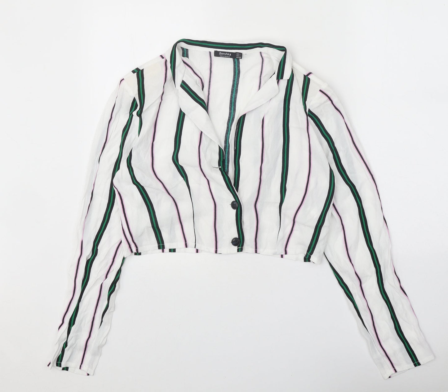 Bershka Womens White Striped Viscose Cropped Button-Up Size L Collared